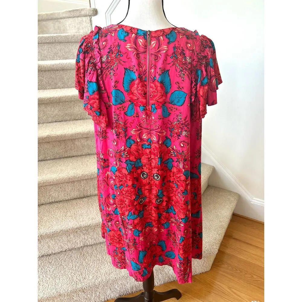 Free People Tara Hot Pink, Red & Blue Floral Flutter Sleeve Mini Swing Dress - Image 3