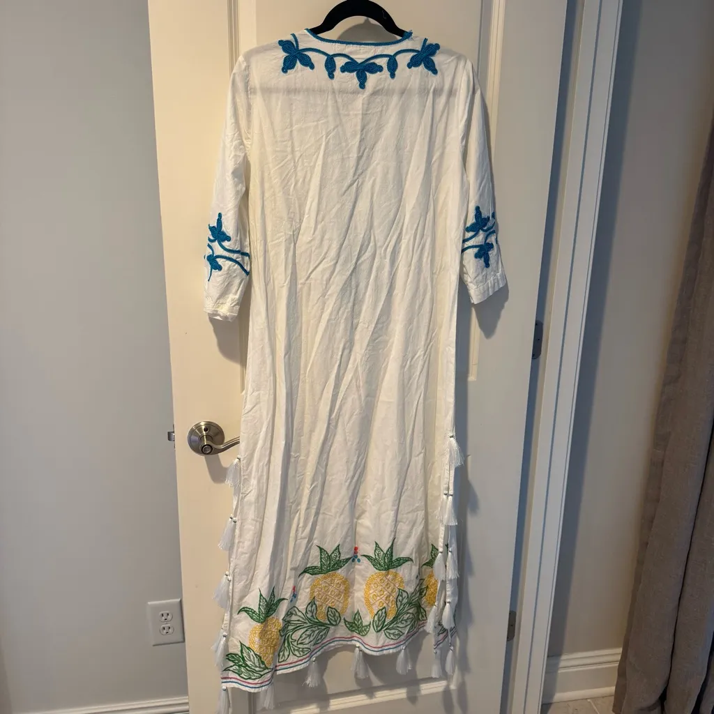 Roller Rabbit Embroidered White and Blue Maxi Pineapple Dress | S - Image 5