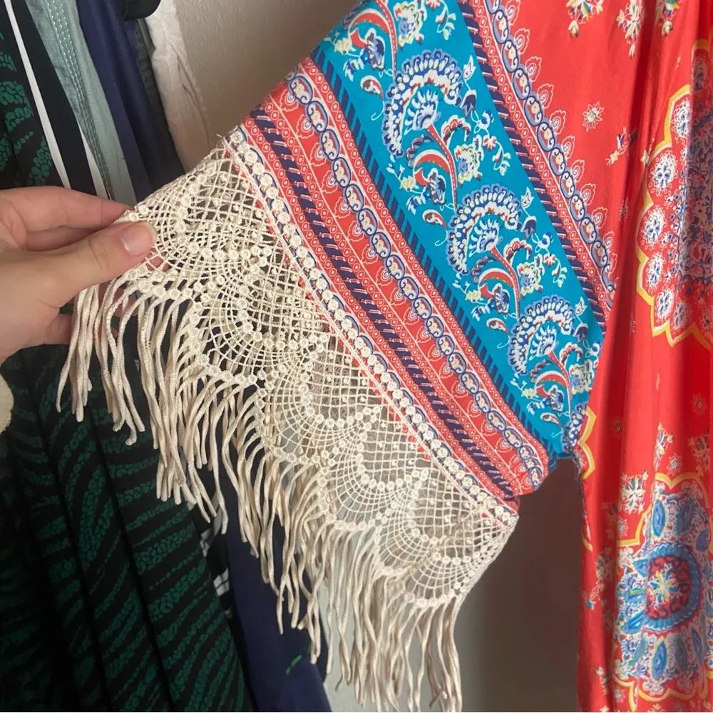 Umgee Size S/M Kimono Open Front Floral Fringe Crochet Festival Swim Cover Up - Image 6