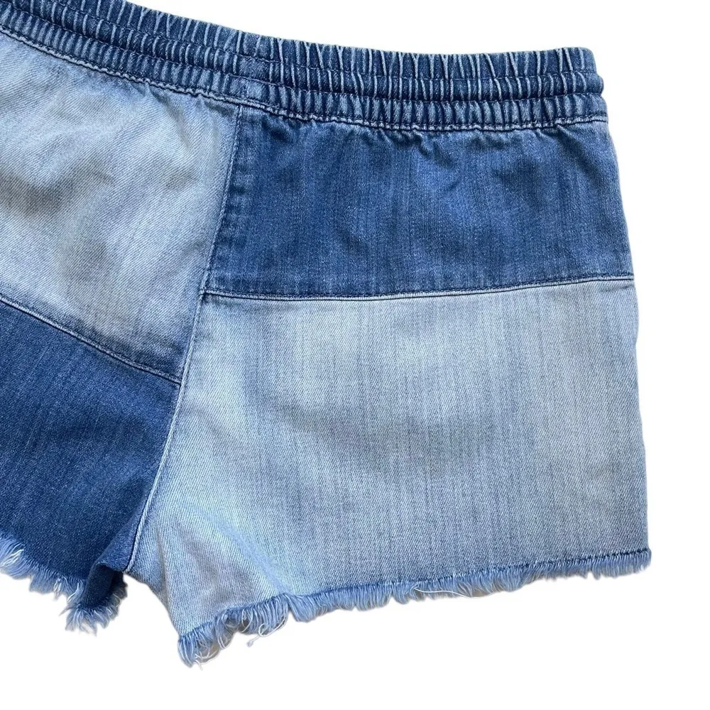 Patch Blue Denim Shorts Raw Fringe Hem Drawstring Waist Size S - Image 5