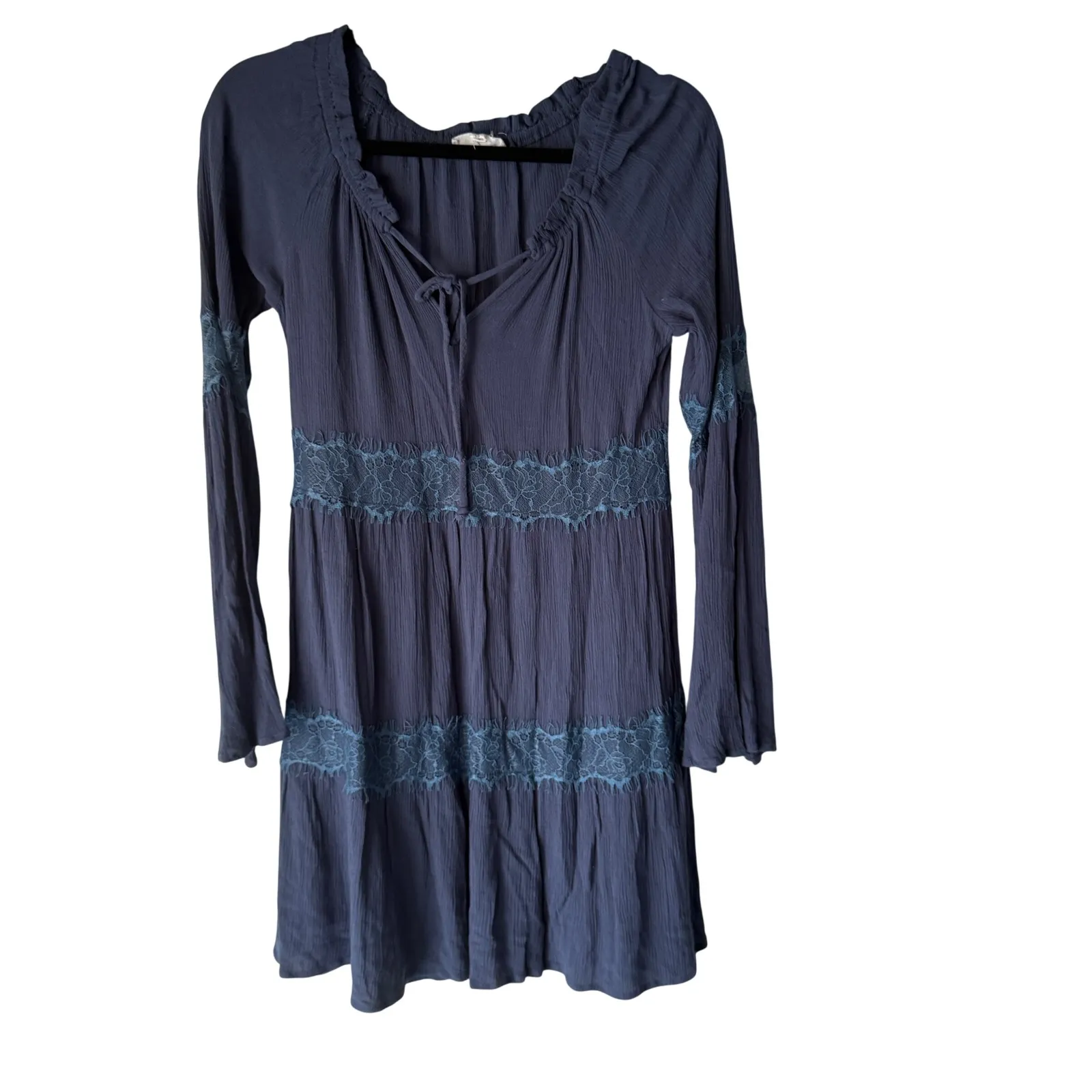 SOCIALITE Womens Navy Blue Lace Tiered Ruffle Long Sleeve Dress XS Boho Fairy - Image 2