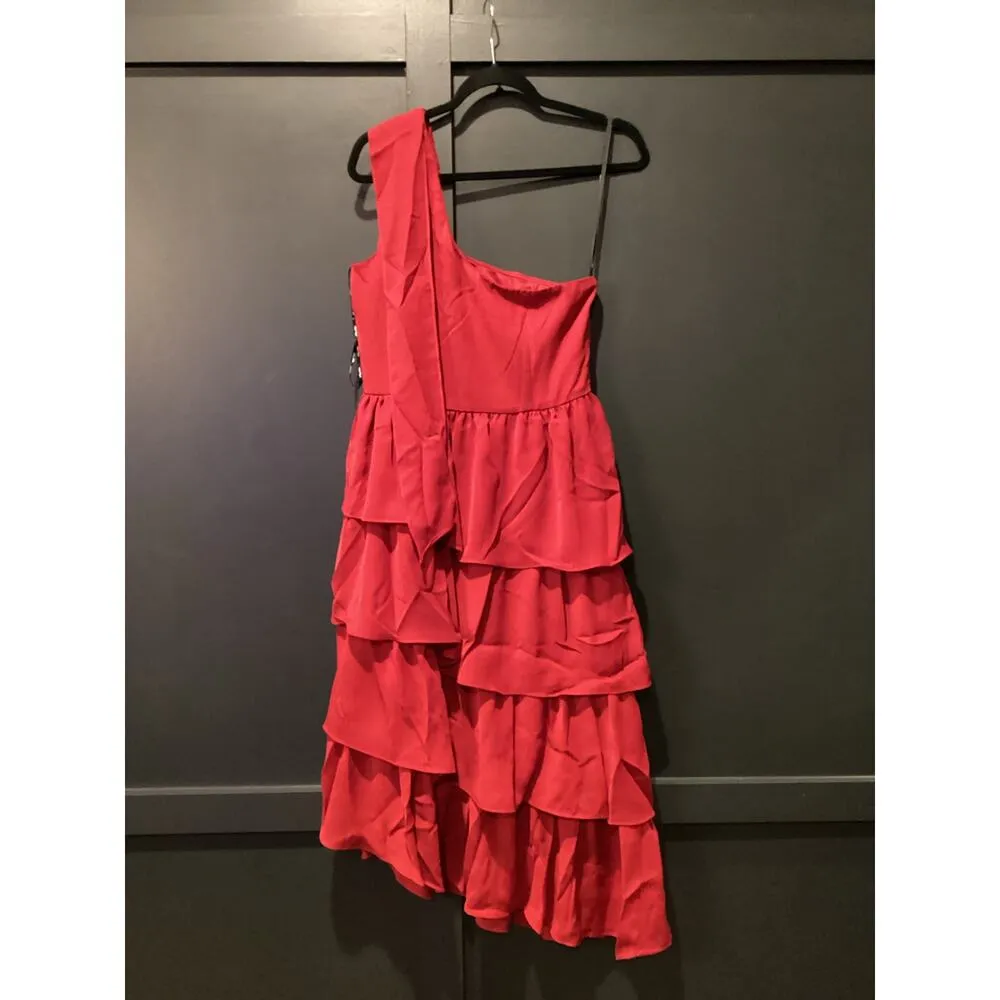 City Chic Tier Desire Dress in love red asymmetrical one shoulder midi cocktail - Image 4