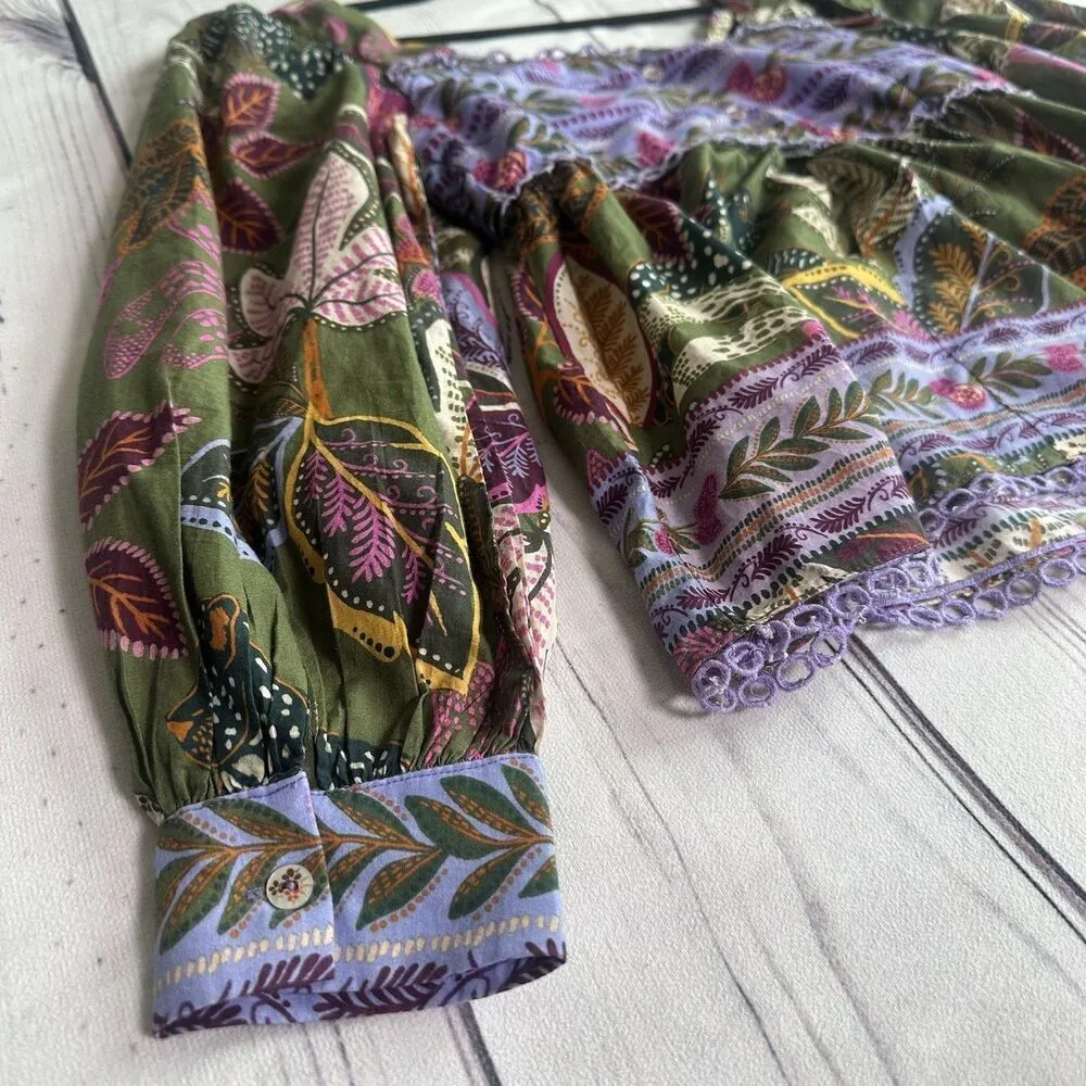 Farm Rio Blouse Top XS Green Jungle Fairy Boho Botanical Tropical Praire Resort - Image 7