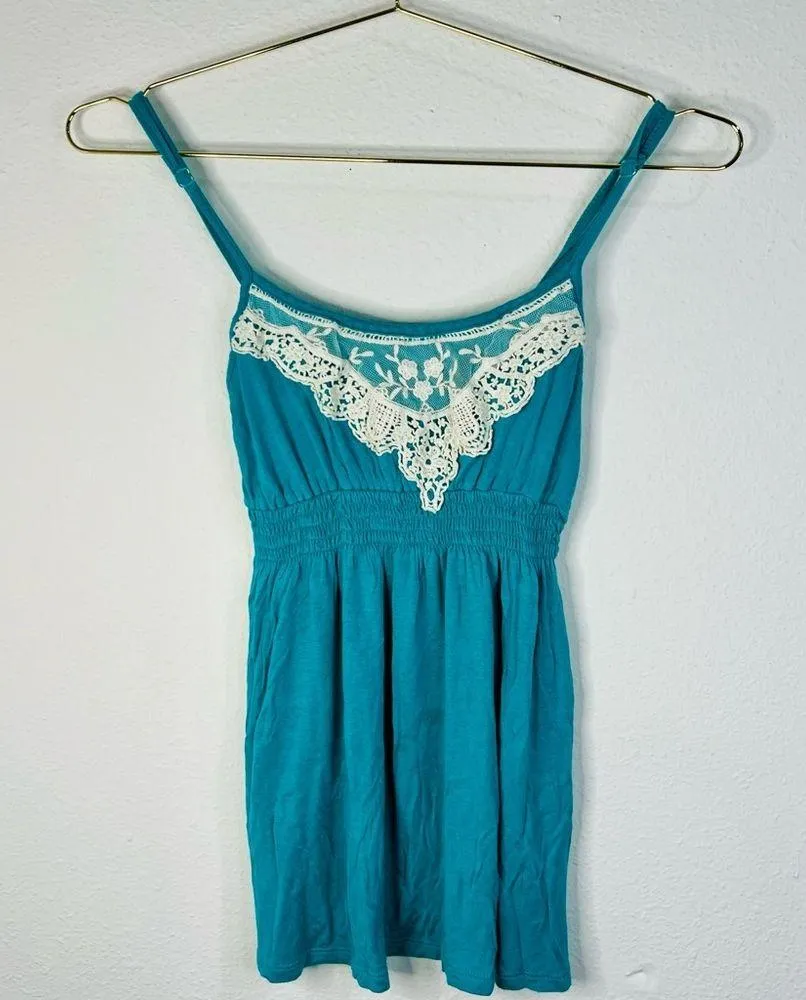 Delia’s Women's Teal Lace Trim Babydoll Tank Top Small Boho Summer Chic - Image 2
