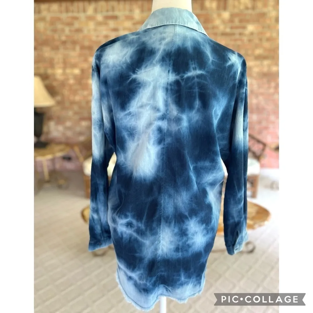 Zara Blue Chambray Tie Dye Raw Hem Shirt Top XS - Image 10