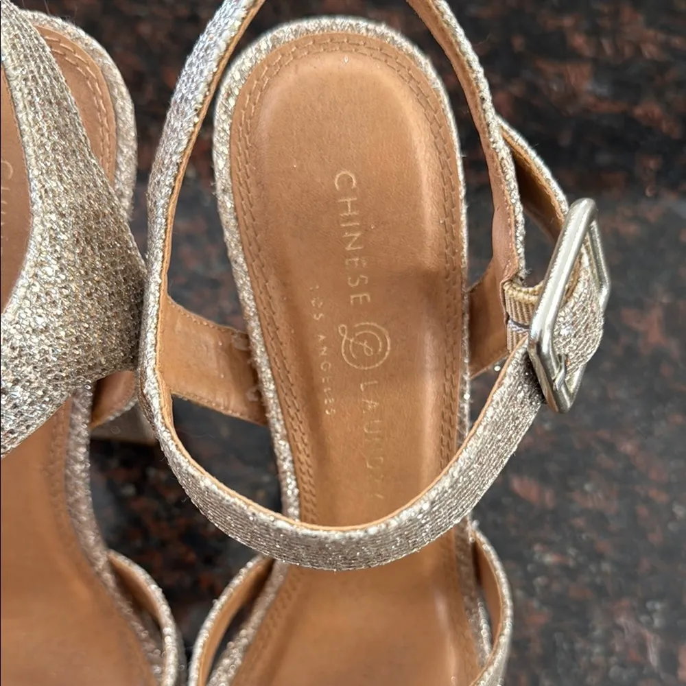 Chinese Laundry Elegant Gold Glitter Ankle Strap Platform Heels - Image 2