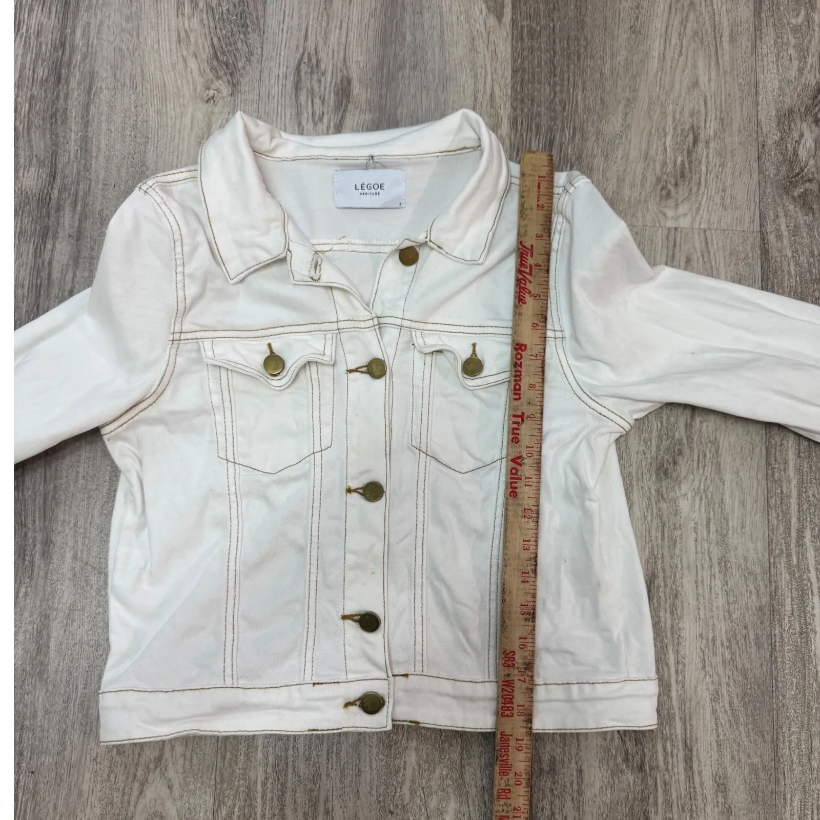LEGOE HERITAGE Maternity Cropped Denim Jacket Size 0 Gold Stitching Button Front White - Image 7
