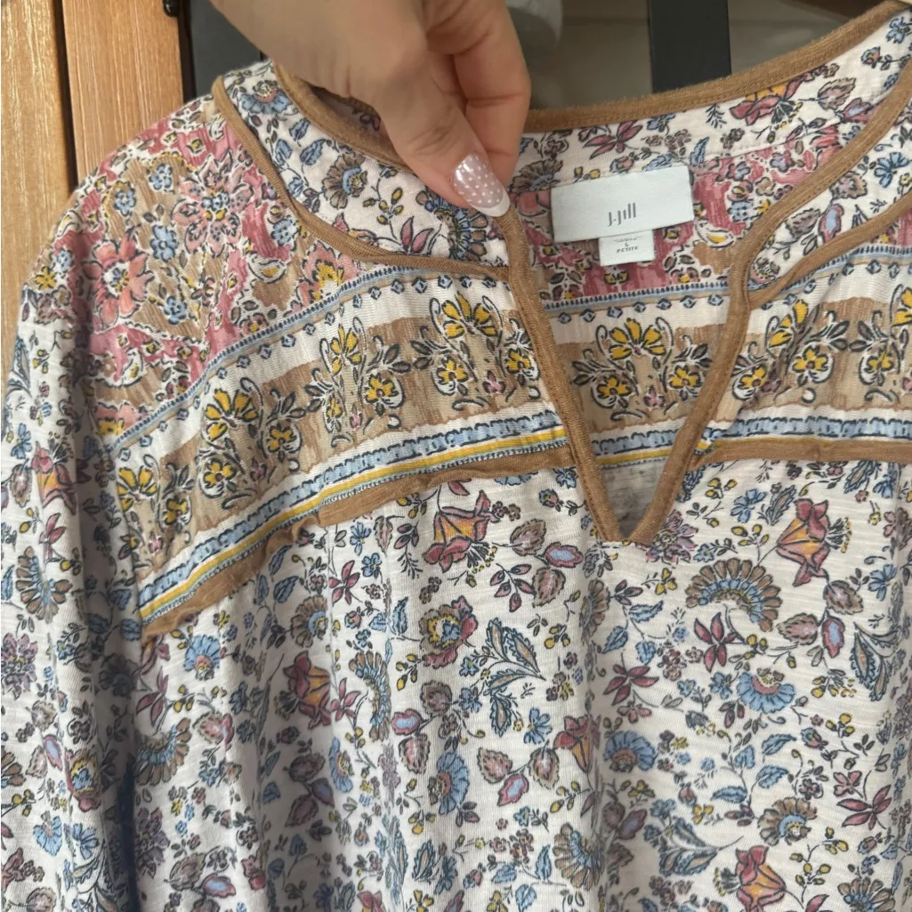 J. Jill modal blouse floral cotton tencel 3/4 long sleeves block print tunic top Brown Size undefined - Image 3