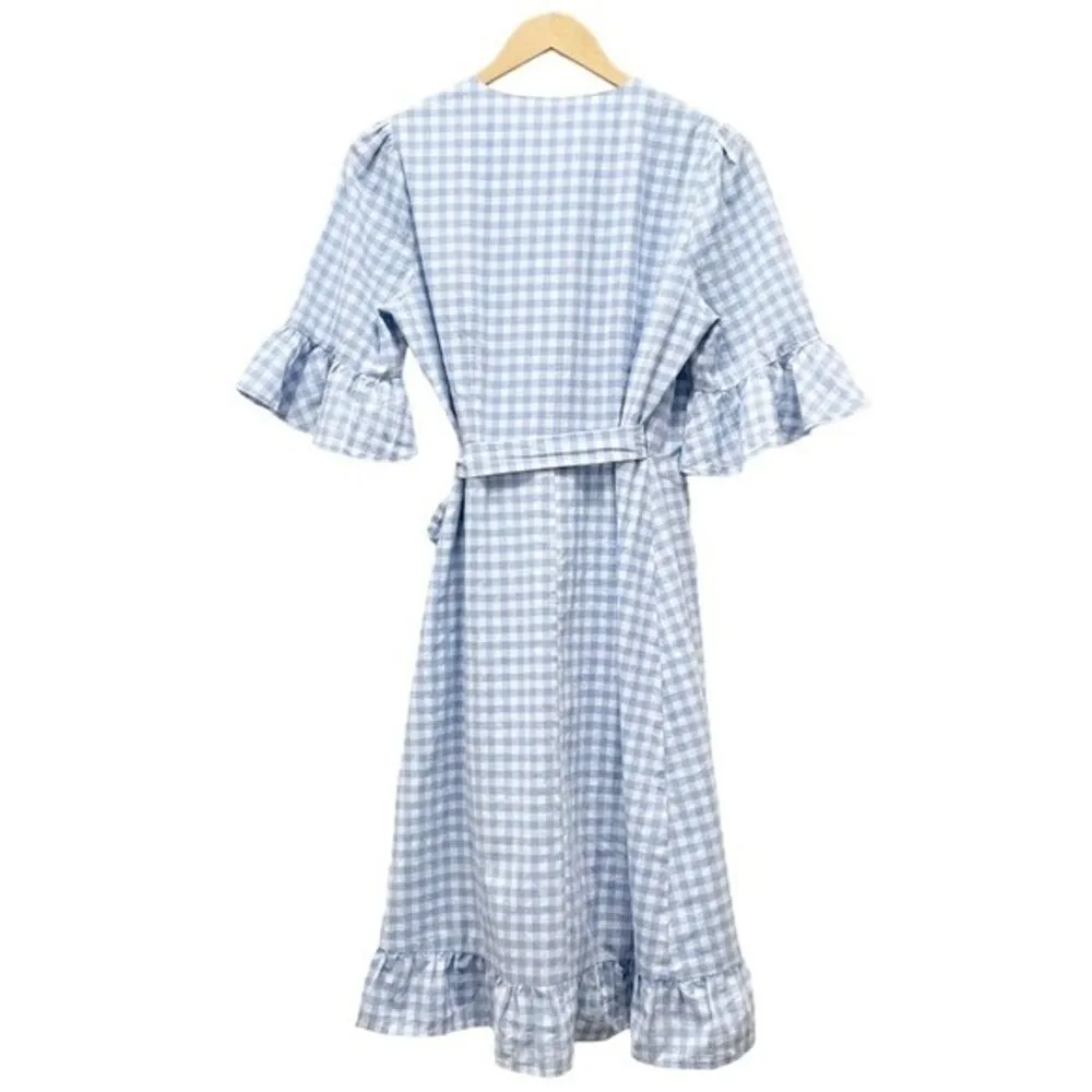 Storia Blue Gingham Wrap Ruffled Knee Length Dress Women’s Size Small Dorothy - Image 3