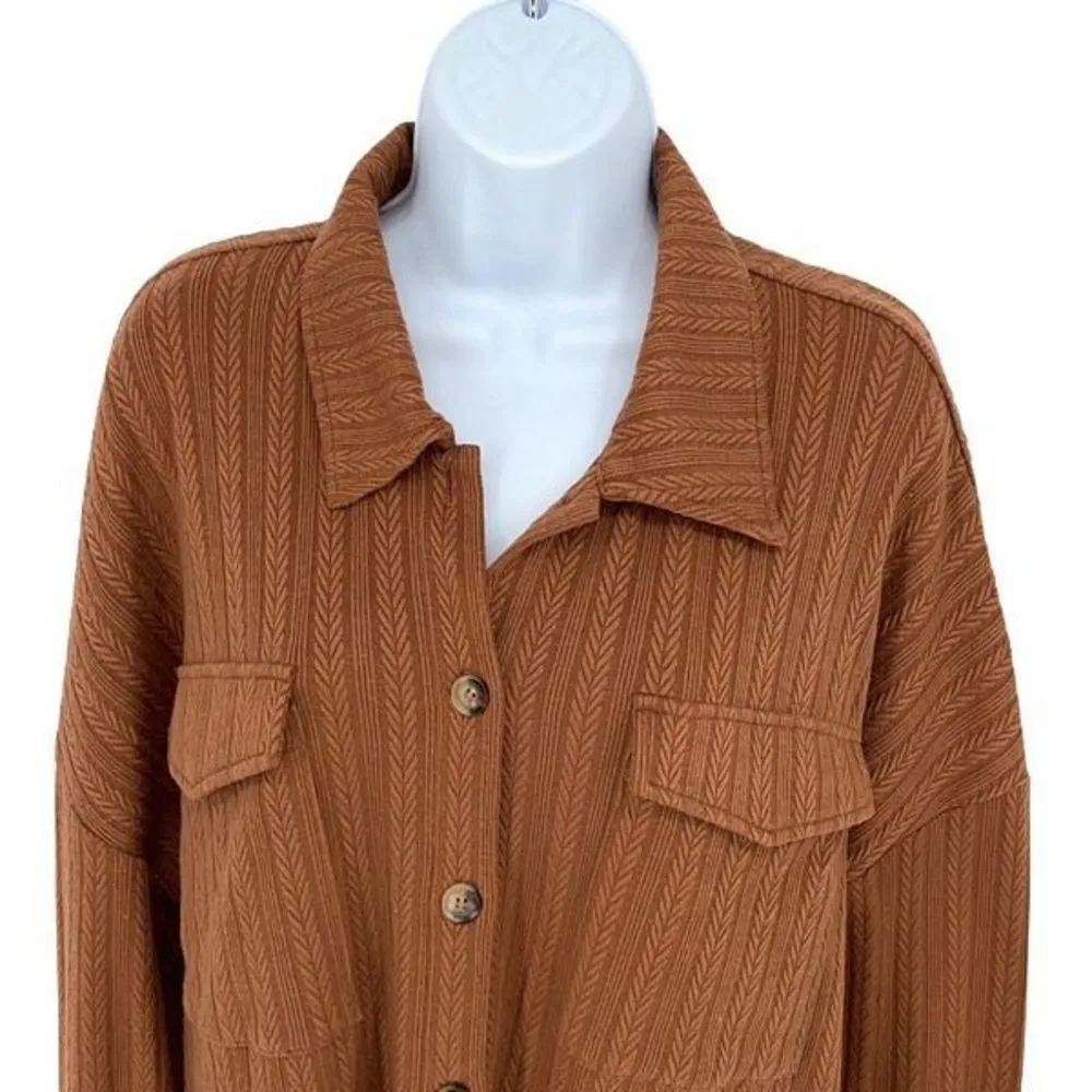 Pink Lilly Womens Knit‎ Herringbone Textured Button Front Blouse Chestnut Medium Brown - Image 2