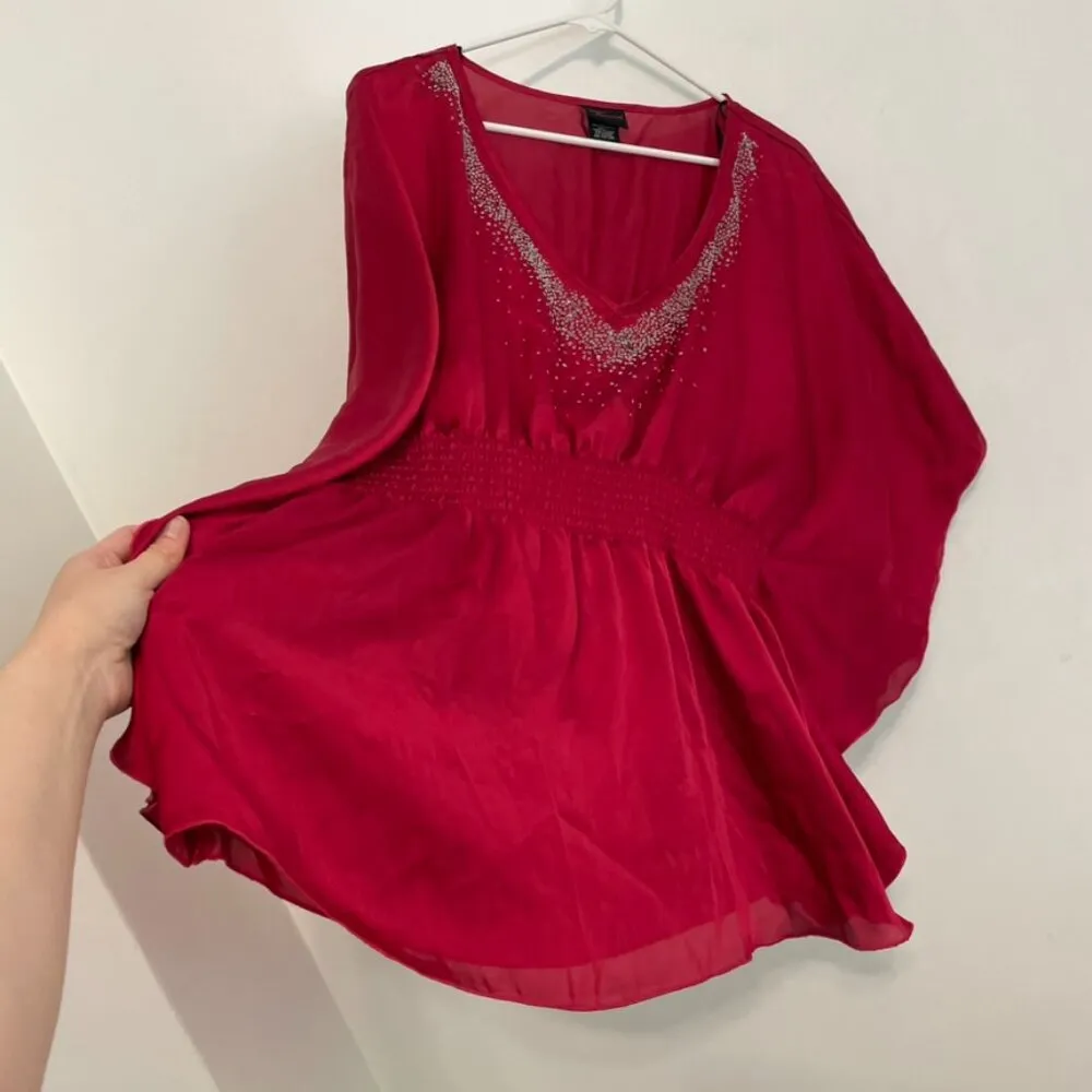 OLD TAG TORRID Plus Size Raspberry Red Beaded Sequin Satin Kimono Sleeve Blouse - Image 8