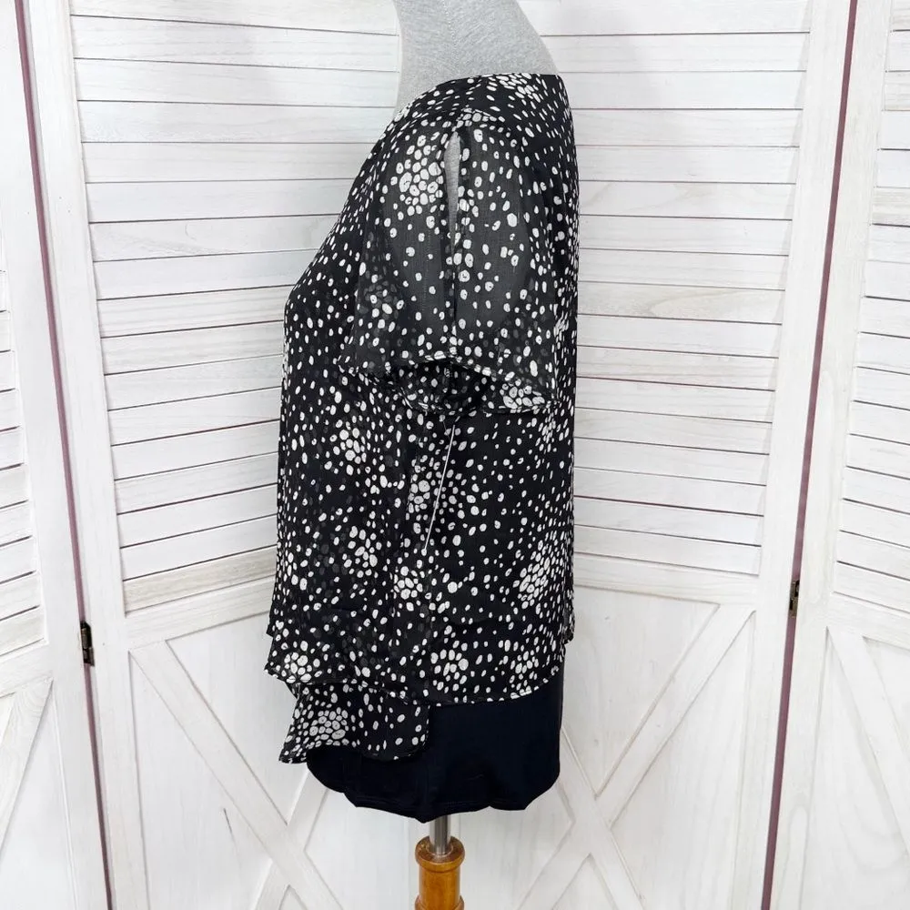 Apt. 9 Polka Dot Tiered Layers Split Flutter Sleeve Top Blouse Black White Small - Image 2