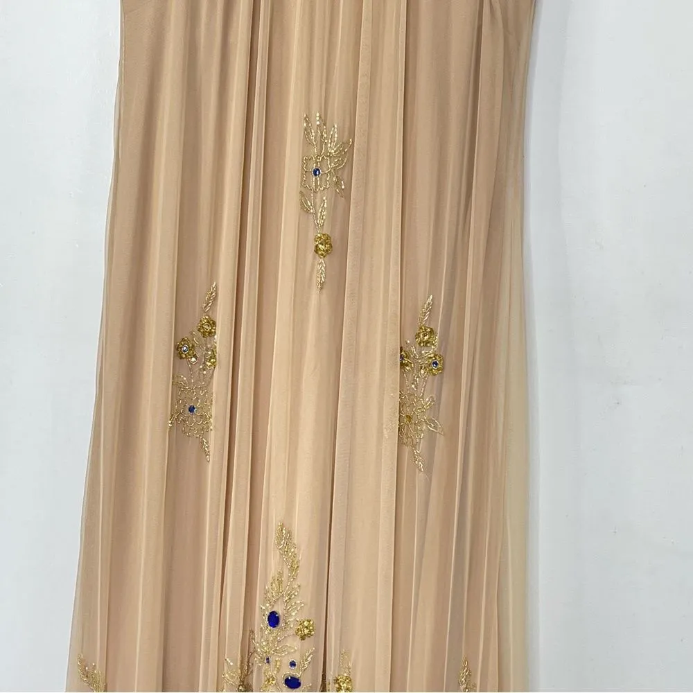 Mac Duggal 9232 High Neck Jewel Hem Embellished Trapeze Nude Gold Gown, Size 14 - Image 6