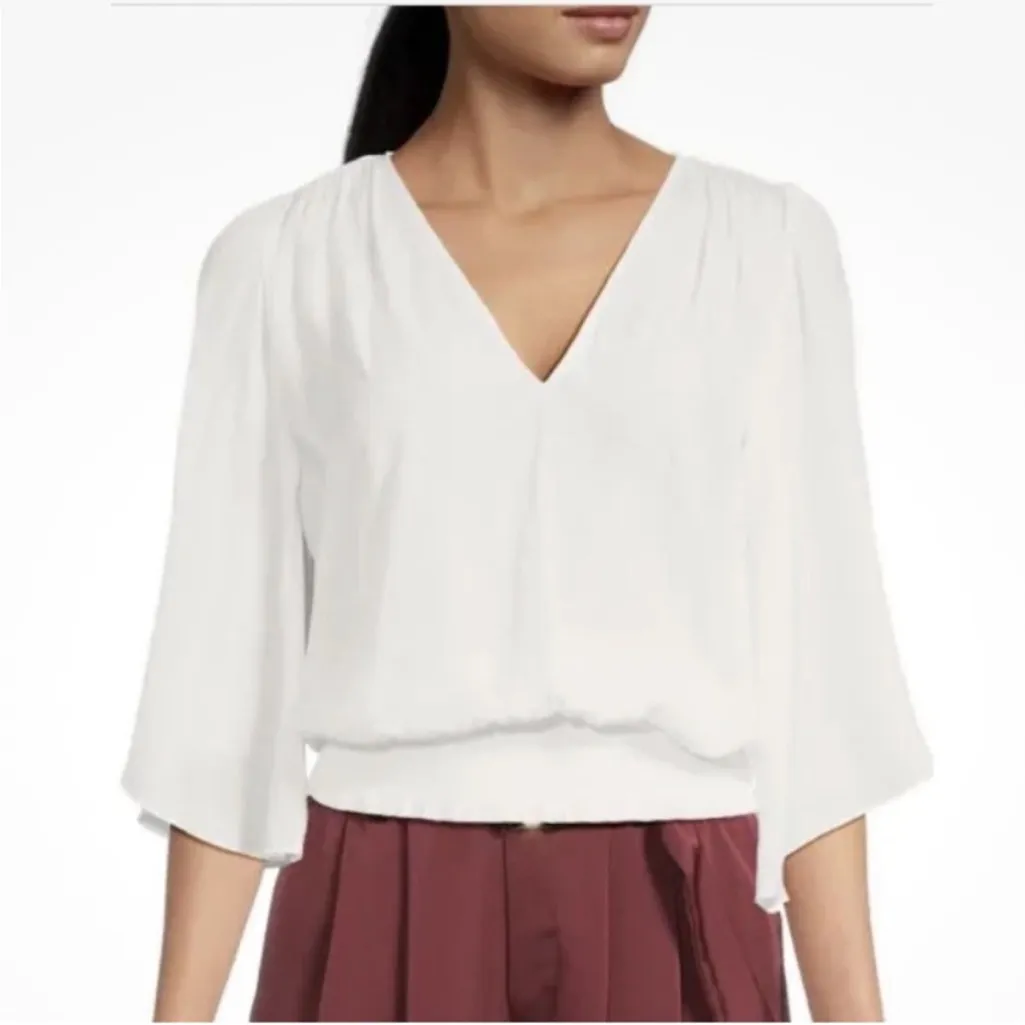 Ramy Brook Elexa White VNeck Blouse Top Smocked Elastic Waist Flutter Sleeves XS - Image 2