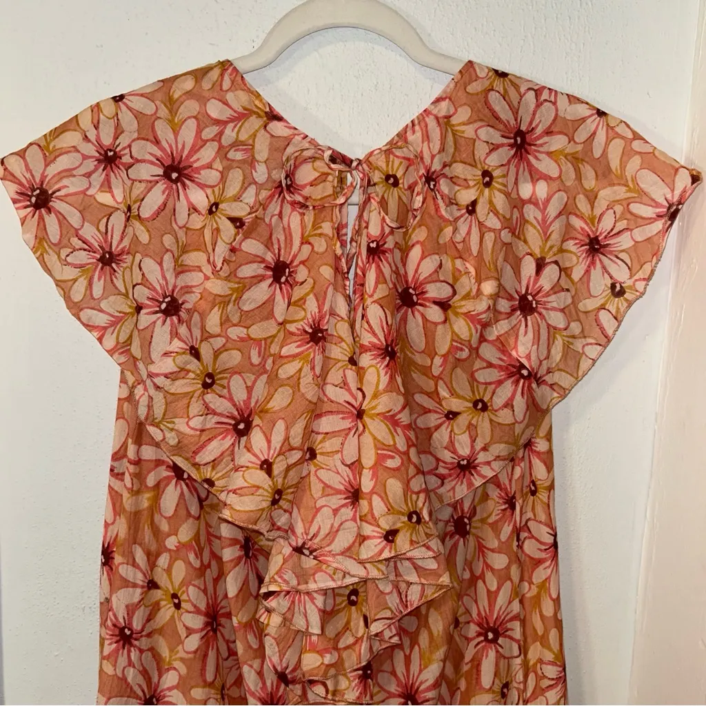 Chic Floral SUNDRESS Maxi daisys Dress in Pink and Orange ruffle hem Size undefined - Image 4