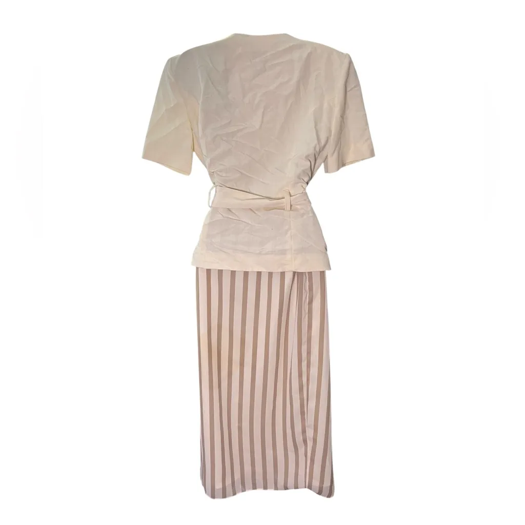 Vtg 80s Yves Cossette Depeche Mode Wrap Belted Dress Faux Two Piece Stripe 6 Tan - Image 3
