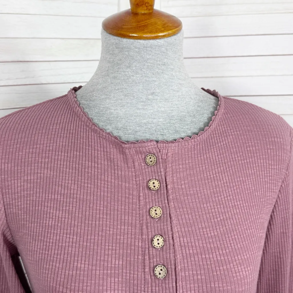 Ribbed Knit Lace Cuff Long Sleeve Henley Shirt Mauve Dusty Rose‎ Size Large Purple - Image 6
