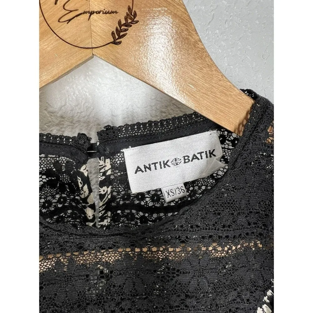 Antik Batik Black Floral Print Amel Cotton Gauze Top With Lace XS/ 36 - Image 5
