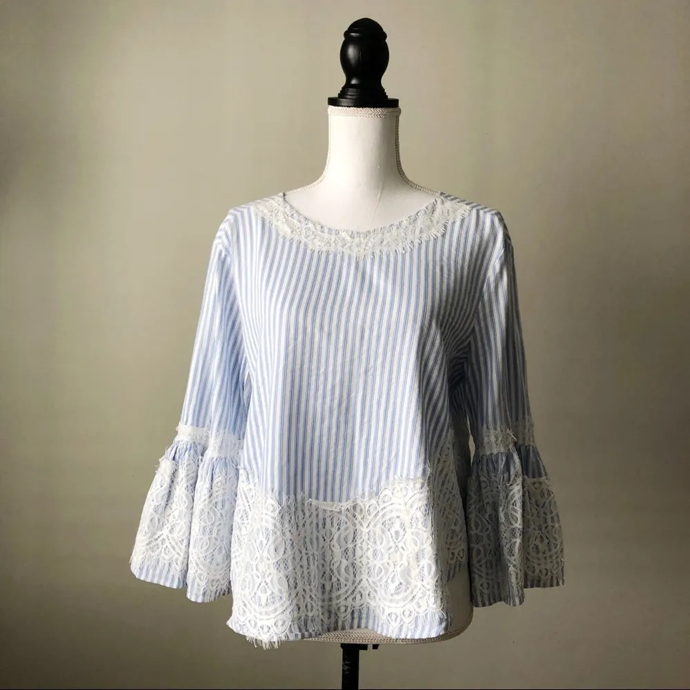 ZARA | Blue White Stripe Lace Detail Blouse - Image 3