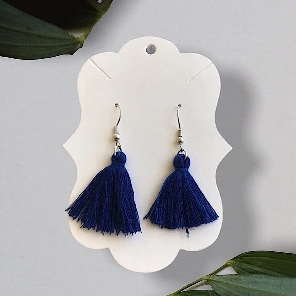Tassel Earrings Silver Navy Blue Boho Festival Handmade USA Feminine - Image 3