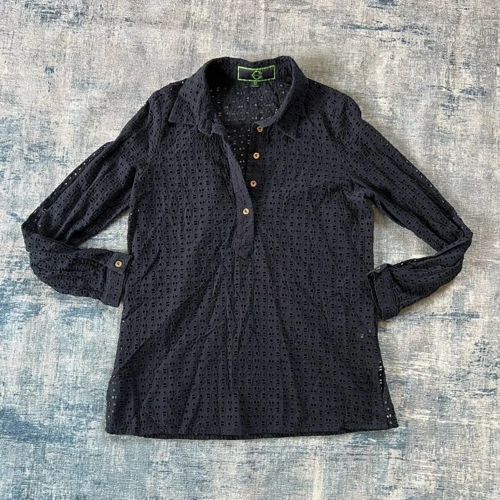 C Wonder Navy Blue Eyelet Crochet Open Knit Button Neckline Pullover Top Med Blue - Image 5