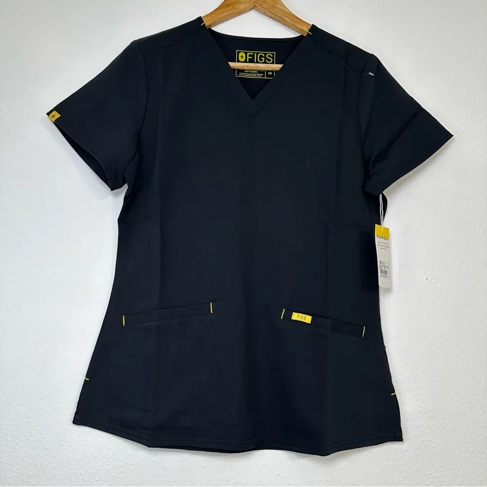 Figs ScrubsTop Women’s XS Stretch Pockets black with Yellow Logo Medical Wear - Image 2