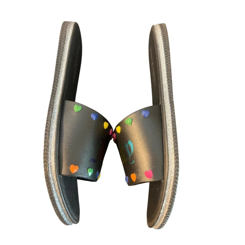 Juicy Couture Black Slides Rainbow Heart Logo Silver Glitter Pride Size 7.5 - Image 4