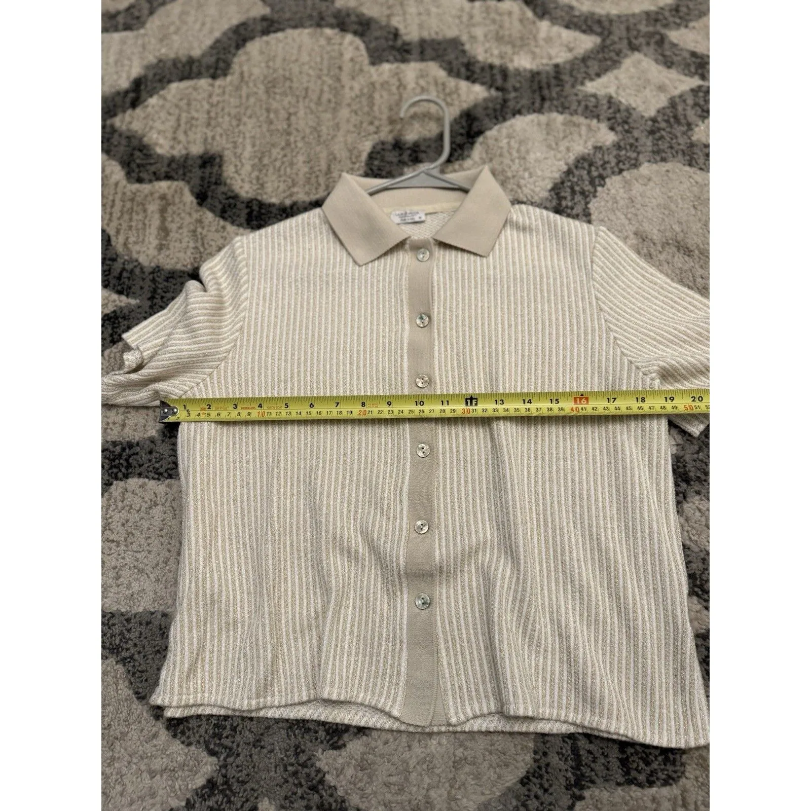 Linea Moda Italy Beige Button Down Knit Shirt M‎ Glitter Thread Short Sleeve Size M - Image 8