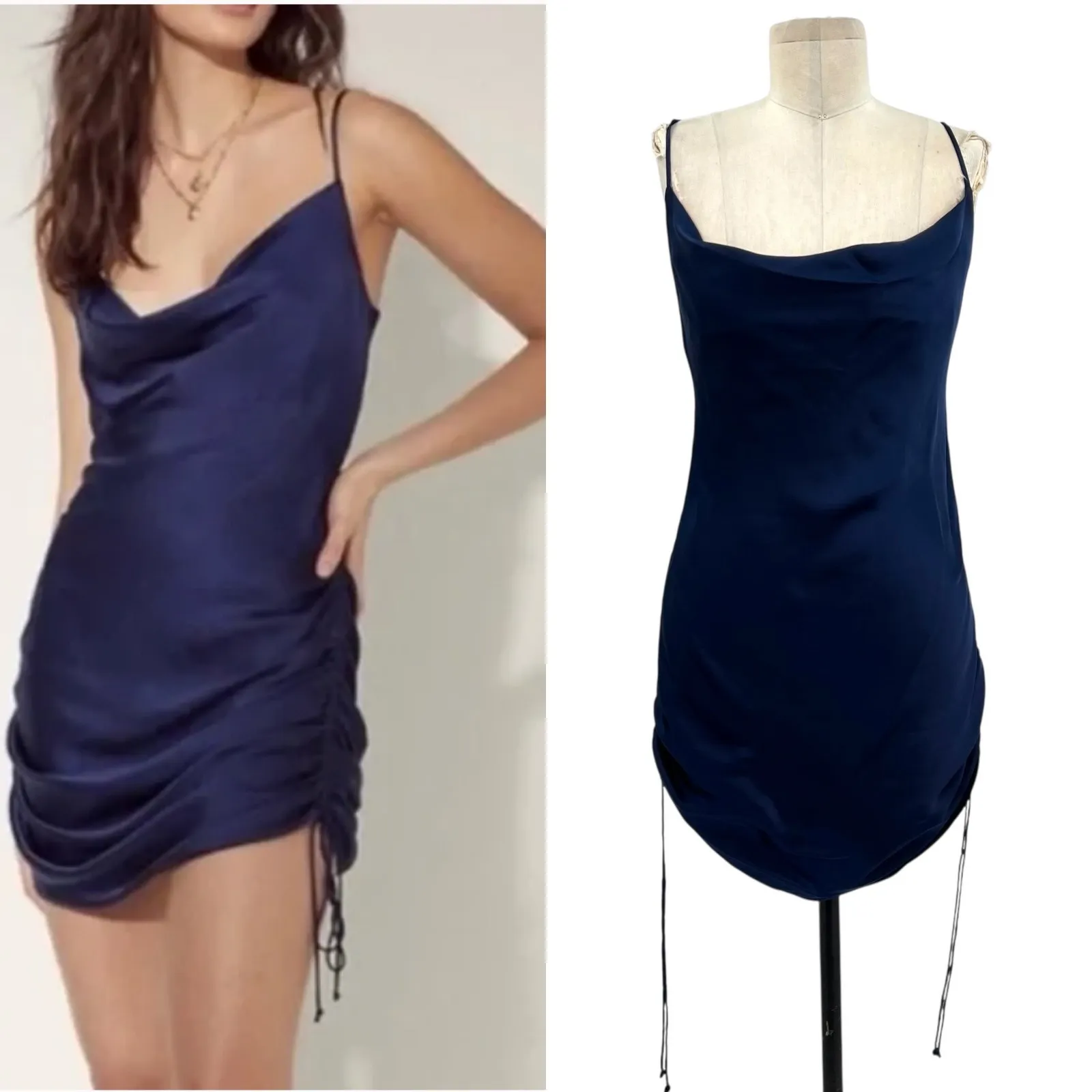 Aritzia Wilfred Only Ruched Slip Dress Mini Sleeveless Navy Blue Size XS - Image 2