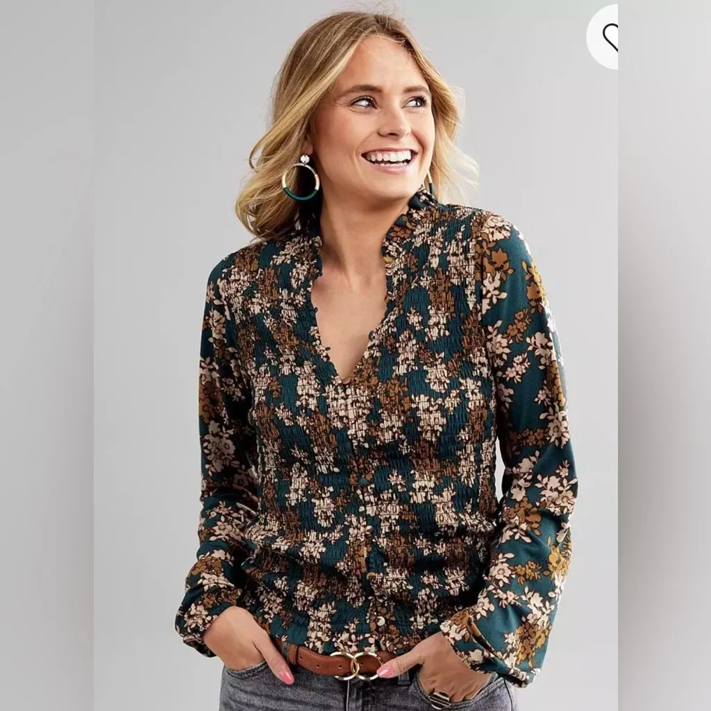 Gimmicks by BKE Floral Smocked Blouse in Teal and Brown - Image 2