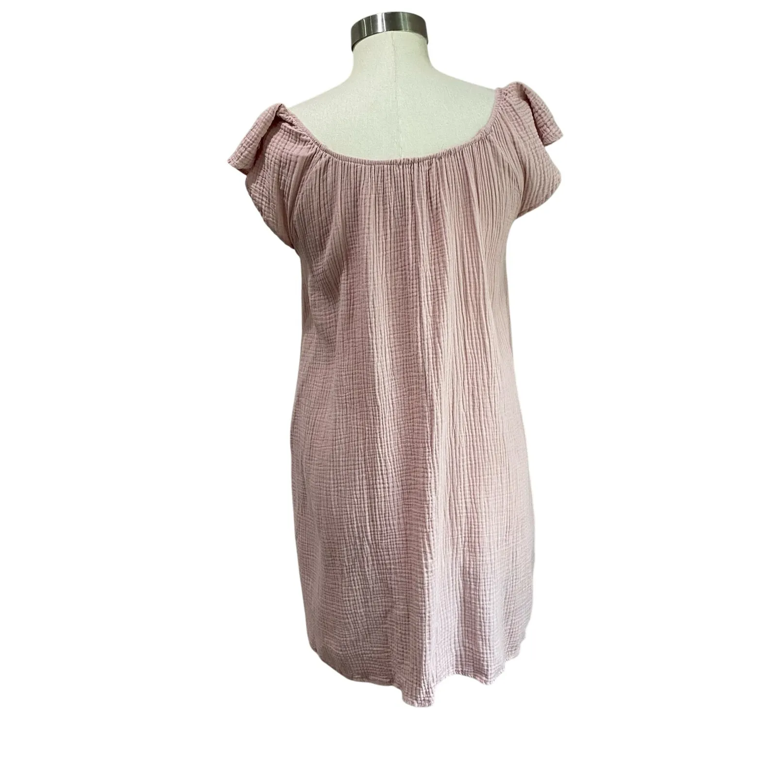 Ces Femme Pink Gauze Mini Dress M Short Sleeve Solid Flowy Boho Casual Size M - Image 2