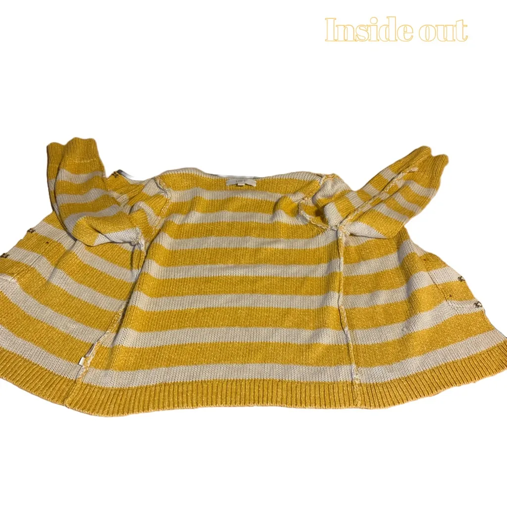 LOFT MUSTARD YELLOW, BEIGE & GRAY STRIPED COTTON CARDIGAN SWEATER (M) - Image 9