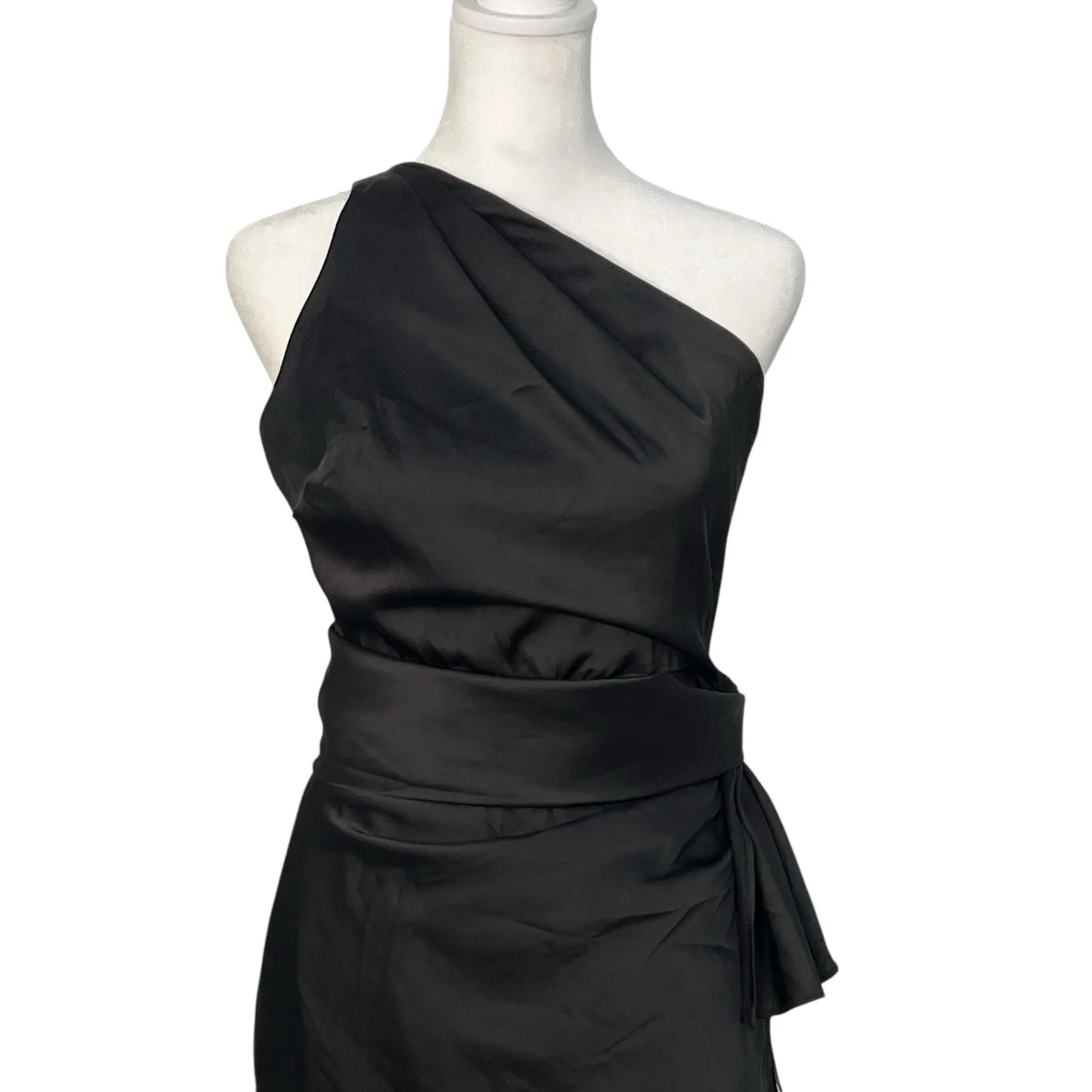 Lulus Signature Elegance Black Satin One Shoulder Maxi Dress Gown S Glam Gala - Image 3