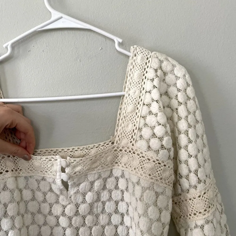 Solitaire white crochet vintage design 3/4 sleeves square neckline women size L - Image 6