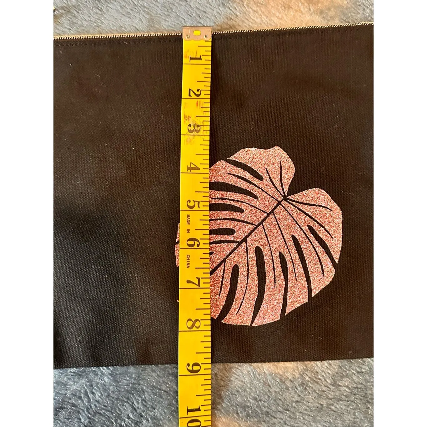 Black Canvas Clutch Pouch Rose Gold Glitter Monstera Leaf Zipper Cosmetic Bag - Image 5