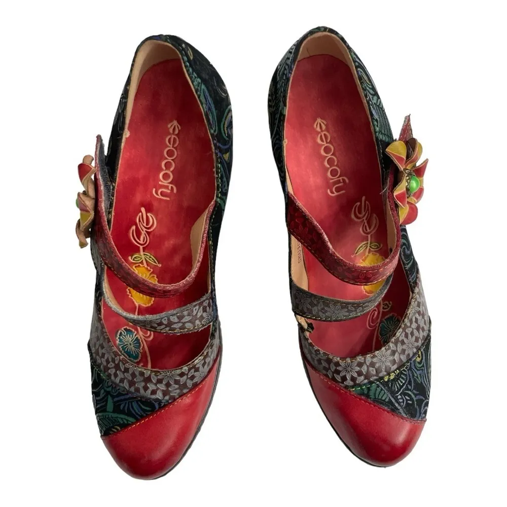 Socofy Leather Shoes Sz 11
Mary Jane Heels Retro
Bohemian Floral Colorful
Boho Red - Image 5