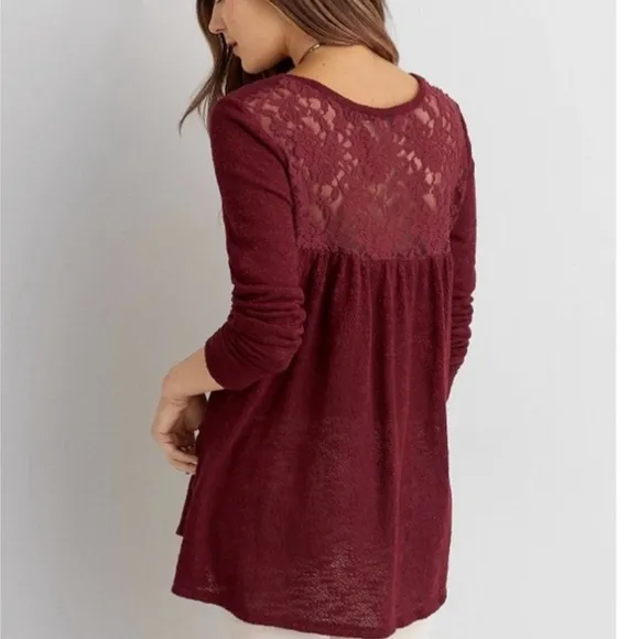 NWT, American Eagle Outfitters Textured  Burgundy Tunic Sweater, Back Lace, Sz M - Image 2