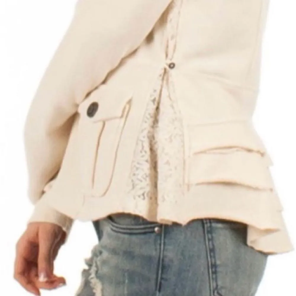 Others Follow Cleo Cream Ruffle Lace Insert Cotton Blazer Zip-Front M - Image 3