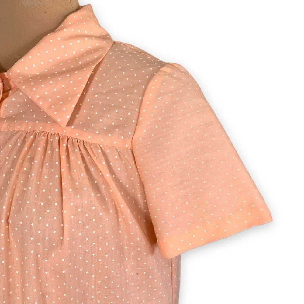 Vintage Housedress Sheer Pastel Orange White Polka Dots Short Sleeved Collared - Image 4