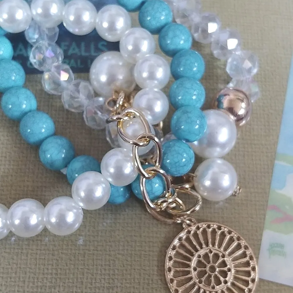 Boho Gold Turquoise Pearl 3 Strand Stretch Bracelet Set Blue - Image 3
