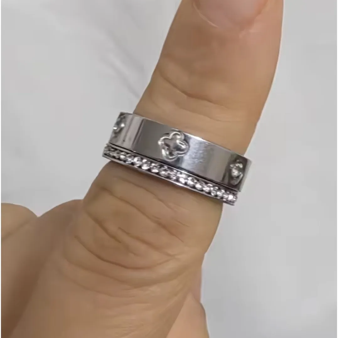 Boutique 18k White Gold Plated Rhinestone Clover Ring Band Stackable Set - Image 9