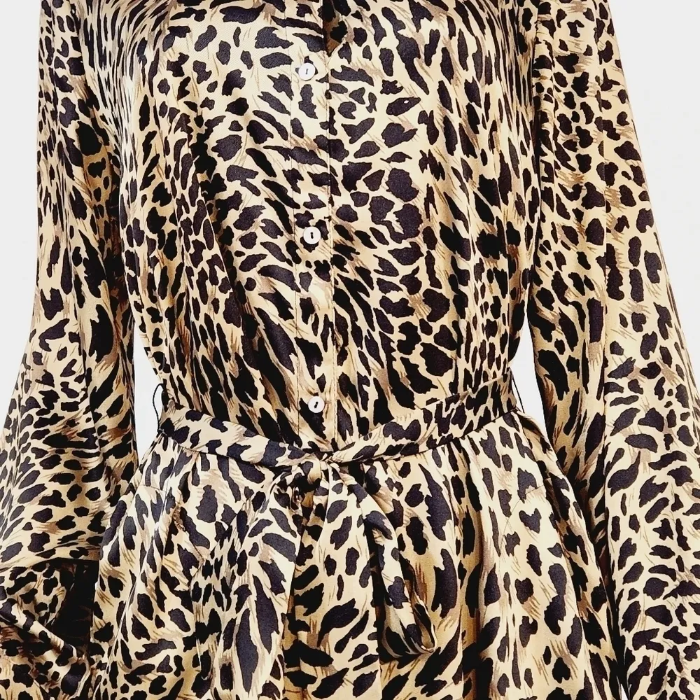 Susan Graver Women's Animal Print Button-Down Long Sleeve Belted Dress Size M - Image 3
