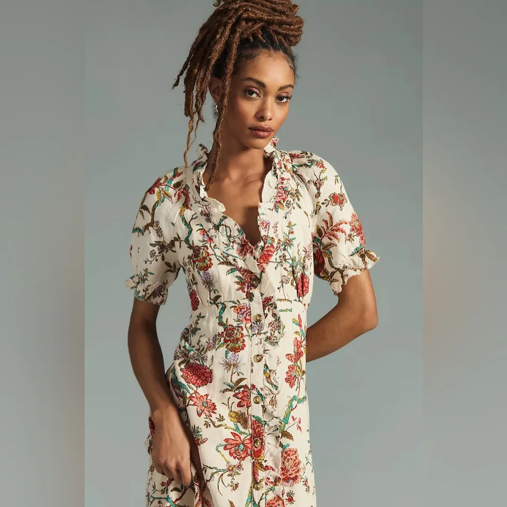 Anthropologie Pilcro Ruffle-Collar Buttondown Dress Cream Floral Boho Size 12 - Image 13