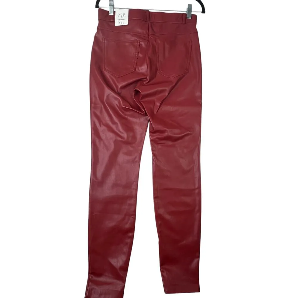 Zara Faux Leather Leggings Dark Red High Rise Skinny Leg with Zippers Vegan XS - Image 3