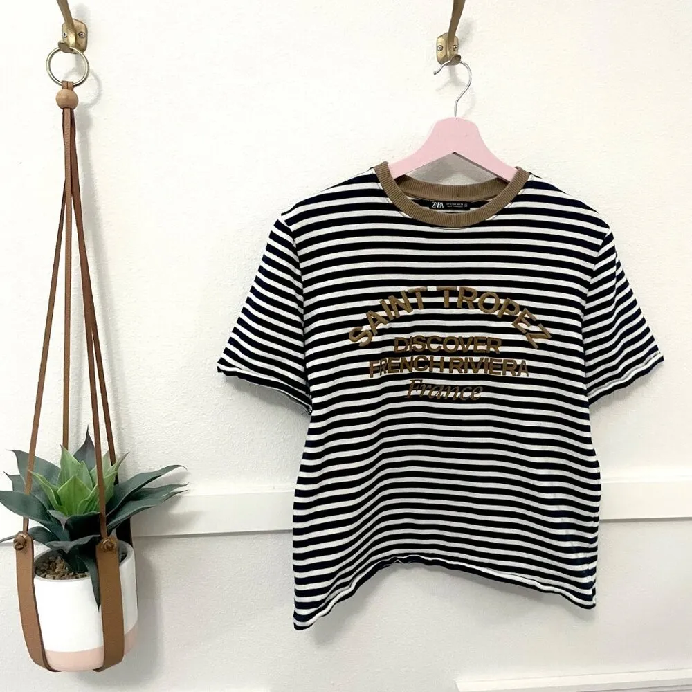 Zara St Tropez Discover the French Riviera Navy Stripe Tee Size S - Image 2