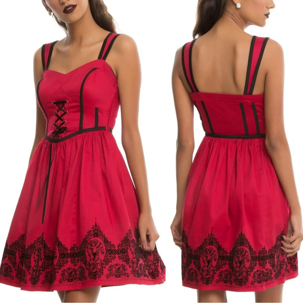 NWT Hot Topic Red & Black Velvet Print Border Fit & Flare Dress, Size XL - Image 11
