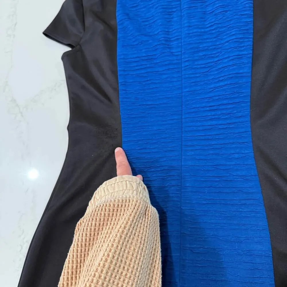 London Style CapSleeve Sheath Mini Dress Womens 6 Black/Blue Wavy Stretch Career - Image 7