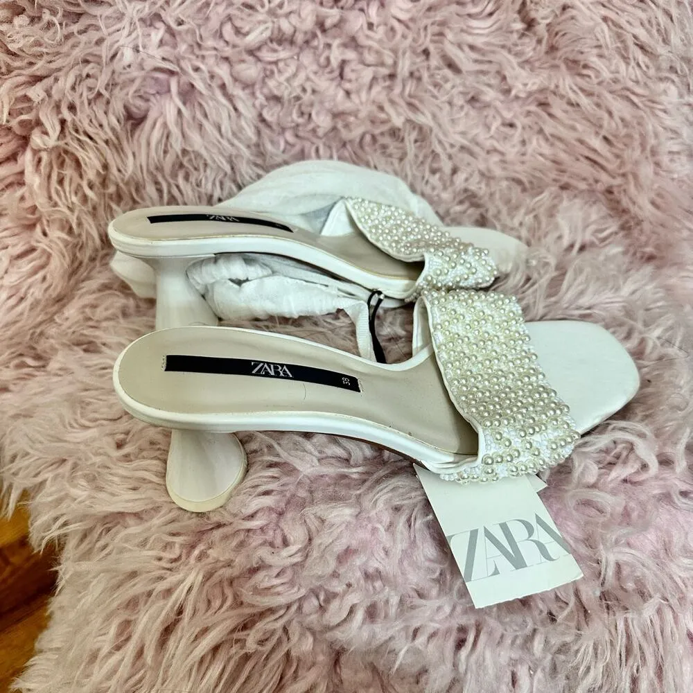 ZARA  White Pearl Beaded Heels Size 7.5 Wedding Bachelorette Feminine BloggersFav - Image 9