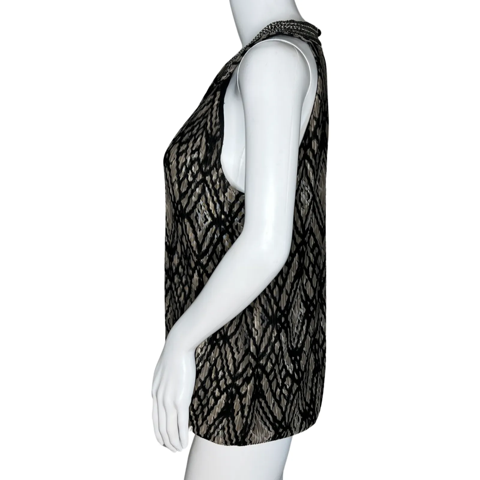 Alfani Shirt Womens Medium Black Tan Geo Print Sleeveless‎ Beaded Neckline Party - Image 3