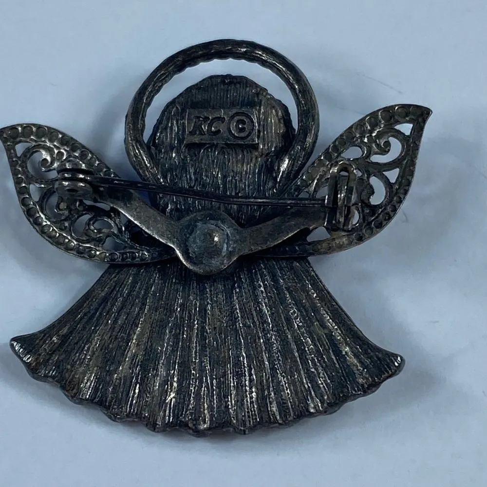 Angel Pin Brooch KC Dark Silver Tone Blue Stones Floral Accent Rhinestone Metal - Image 7